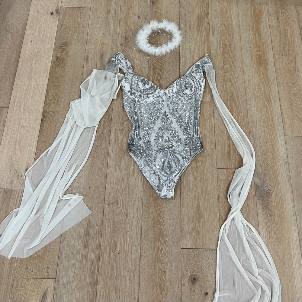 Roma Silver Sequin Embellished Sheer Sleeve Bodysuit